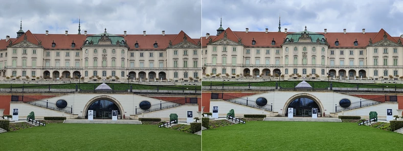 Standardowe zdjęcie z modułu tele 2x (po lewej) oraz ten sam kadr przechwycony w ustawieniu Ulepszanie sceny AI (po prawej). Kliknij, aby powiększyć