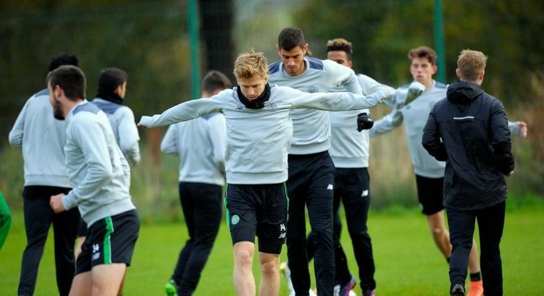 Celtic's Stuart Armstrong (C) attends a training session at the club's Lennoxtown training centre