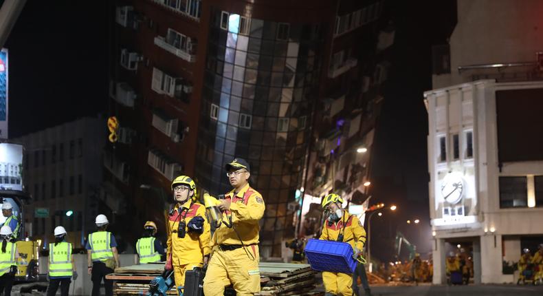 Rescuers leave the site as the last remaining individual trapped in a severely tilted building was found after a 7.2-magnitude earthquake on April 3, 2024 in Hualien County, Taiwan of China.Yang Chengchen/China News Service/VCG via Getty Images