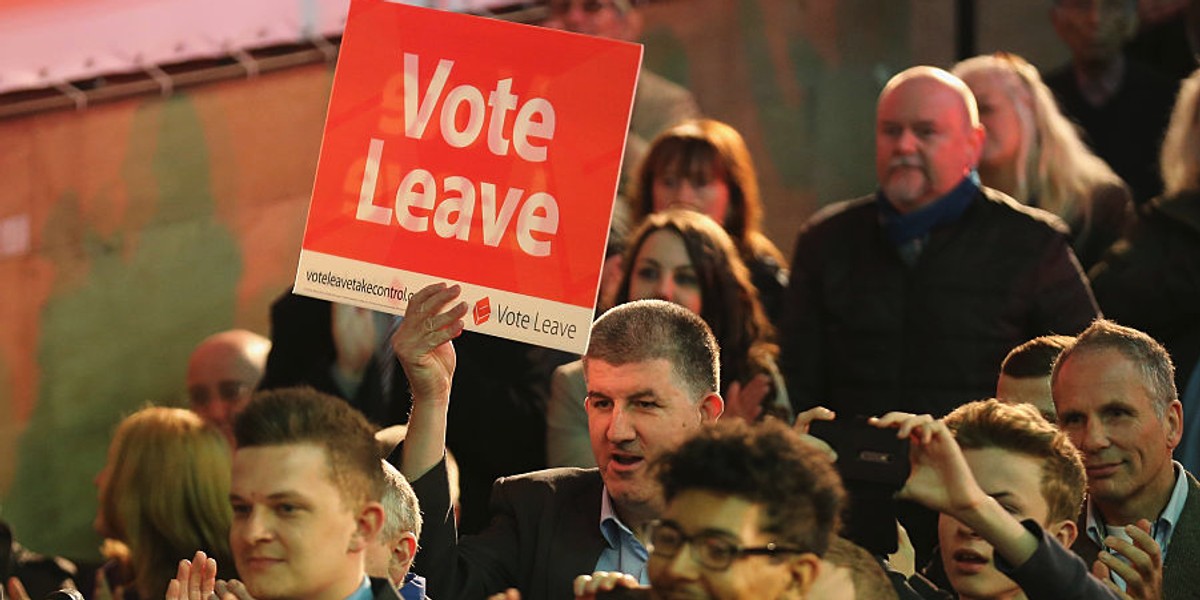 Vote Leave supporters wait for London Mayor Boris Johnson to address campaigners during a rally for the 'Vote Leave' campaign on April 15, 2016 in Manchester, England. Boris Johnson is taking part in a 48 hour 'Brexit Blitz' of campaigning in Northern England. Britain will vote either to leave or remain in the EU in a referendum on June 23.