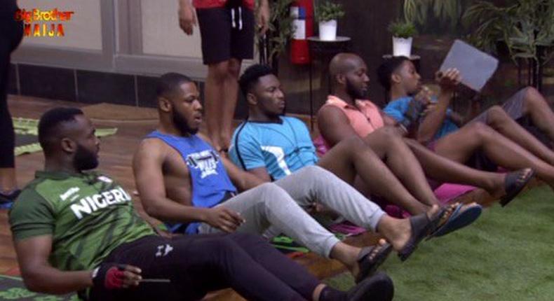 BBNaija 2019 male housemates working out together on Day 3. [Twitter/Big Brother Naija]