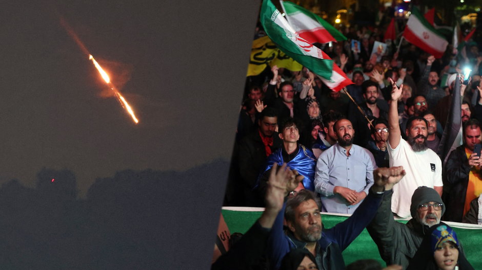 Po lewej jeden z pocisków wystrzelonych przez Iran, po prawej demonstracja w Teheranie osób popierających atak na Izrael, 14 kwietnia 2024 r.