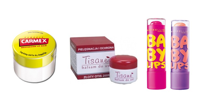 Carmex, Lip Balm (19zł); Tisane, balsam do ust (7zł); Maybelline NY, pomadka Baby Lips, Lip Balm (10zł)