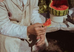 Baka jede lubenicu - ilustracija