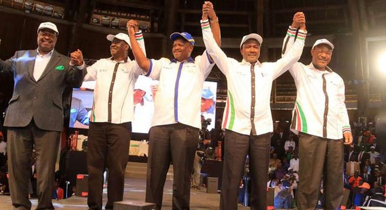 Nasa principals (from left: Musalia Mudavadi, Raila Odinga, Isaac Ruto, Kalonzo Musyoka, and Moses Wetang'ula) display their solidarity at Bomas of Kenya on April 20, 2017. 