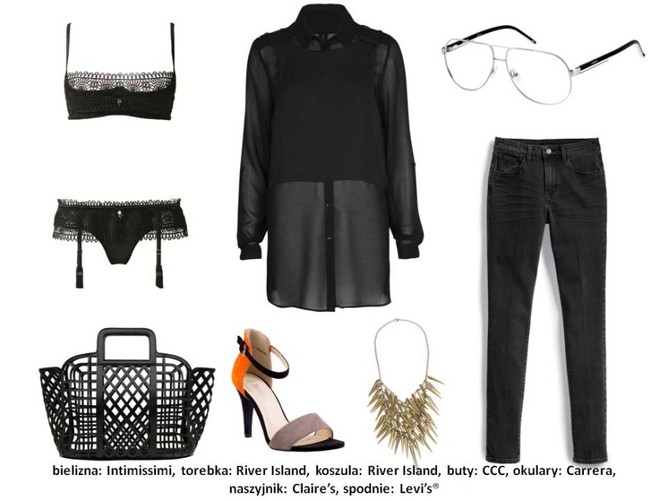 Stylizacja nr 2: Bielizna Intimissimi: góra 134,90 PLN, dół 69,90 PLN, pas: 89,90 PLN Torebka River Island: WZÓR Koszula River Island: WZÓR Buty CCC: 99,99 PLN Okulary Carrera: 529 PLN Naszyjnik Claire’s: 89,90 PLN Spodnie Levi’s®: 379 PLN