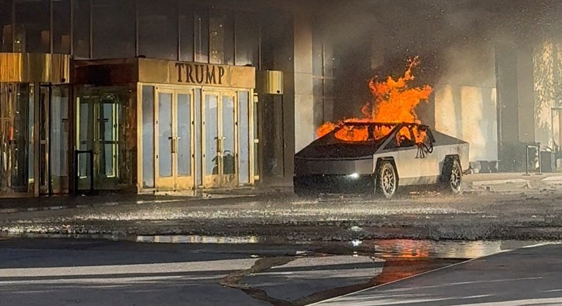 The Tesla Cybertruck after it exploded outside the Trump International Hotel Las Vegas on Wednesday in a screengrab taken from a social media video.Alcides Antunes/Reuters