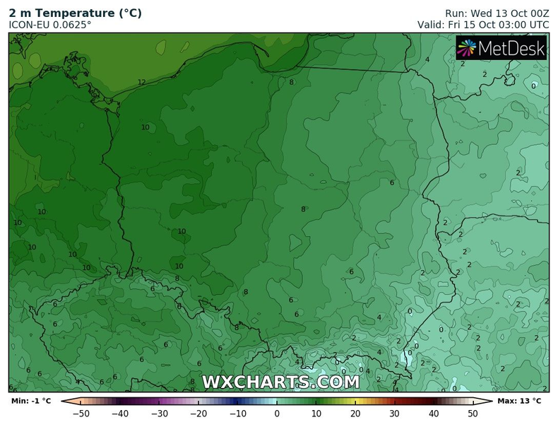 Poza krańcami południowo-wschodnimi, temperatura utrzyma się na wyraźnym plusie