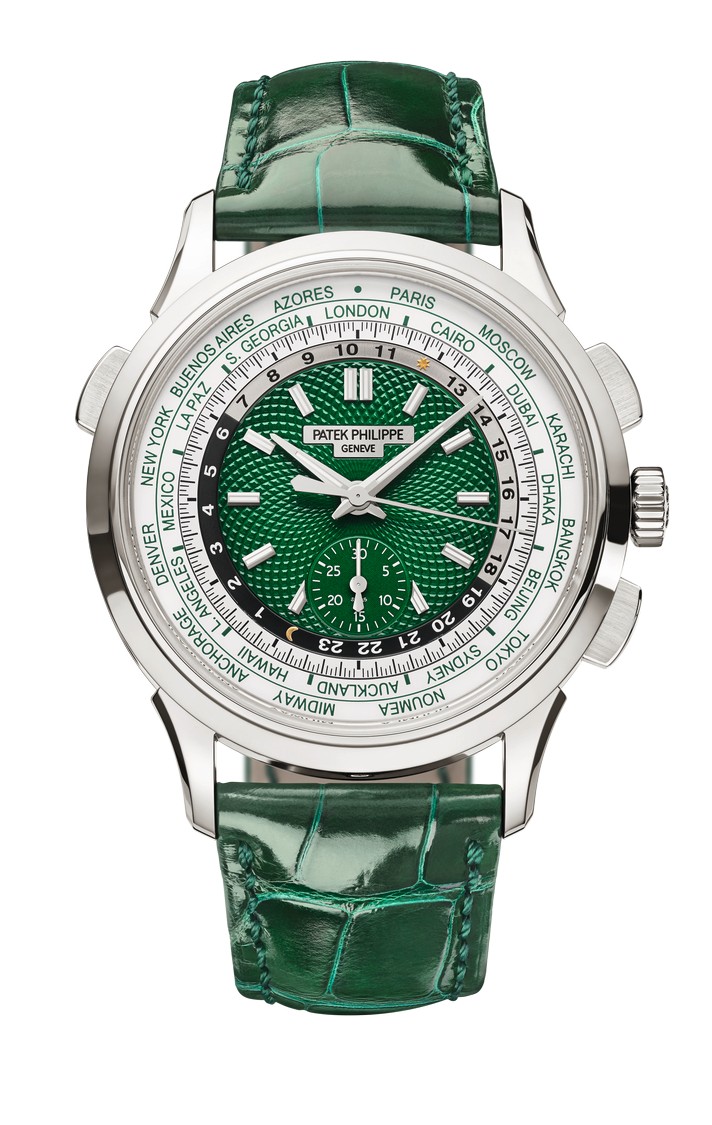 PATEK PHILIPPE Weltzeituhr aus Platin, mit Flyback-Chronograf und automatischem Aufzug, Preis auf Anfrage.