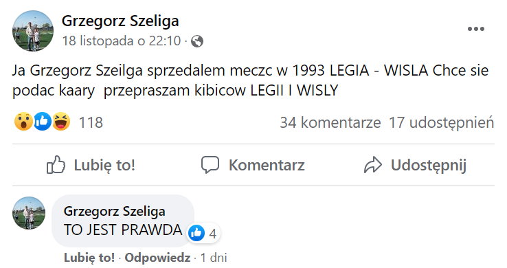 Zrzut ekranu z profilu Grzegorza Szeligi na Facebooku