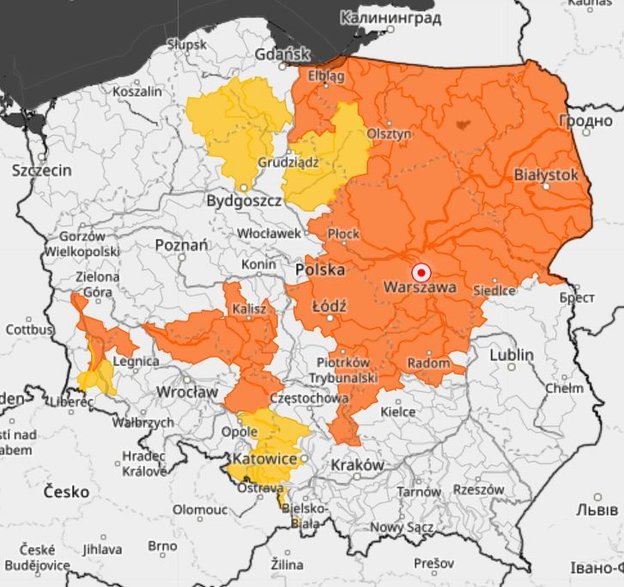 Alerty hydrologiczne pierwszego (kolor żółty) i drugiego stopnia (pomarańczowy)