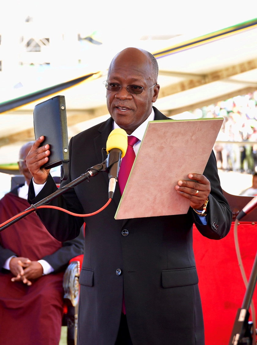 FILE PHOTO: Tanzania's re-elected President John Pombe Magufuli takes oath of office during his swea