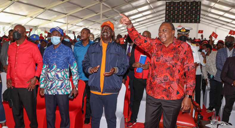 File image of President Uhuru Kenyatta, ODM leader Raila Odinga, Wiper leader Kalonzo Musyoka and KANU's Gideon Moi