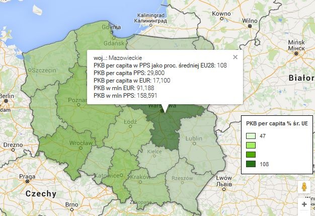 Wśród najbogatszych regionów Unii dominują - z małymi wyjątkami - regiony starej Unii. Najbiedniejsze były obszary znajdujące się na terenie Bułgarii, Rumunii i Polski. <br><br>

<a href=' http://forsal.pl/artykuly/927015,europejskie-bieguny-bogactwa-i-biedy-zobacz-ranking-regionow-wedlug-pkb-na-mieszkanca.html' style='color: blue'> Czytaj więcej tutaj >>></a>
