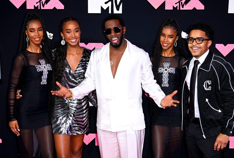 Diddy, Justin Dior Combs, Chance Combs, Jessie James Combs and D'Lila Star Combs participating in the MTV Video Music Awards 2023. Getty/Doug Peters