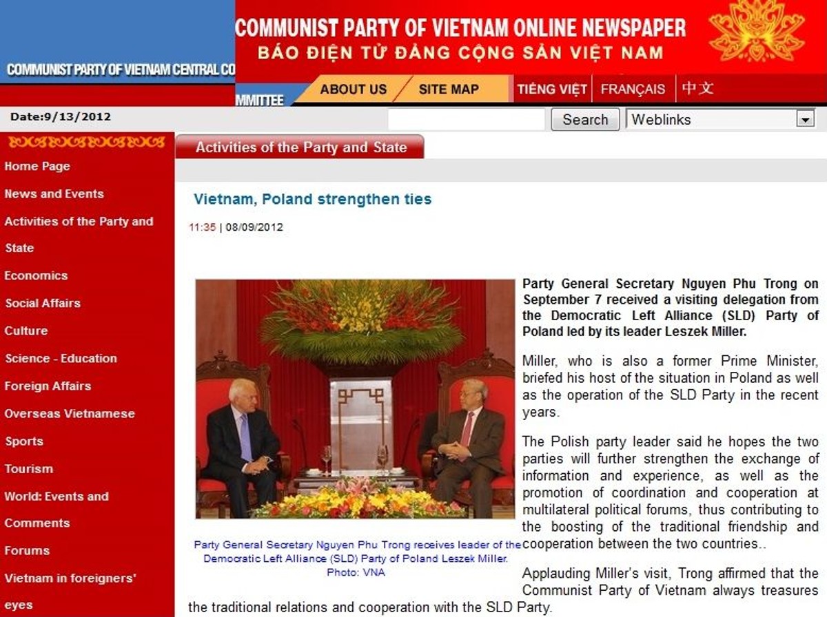 Szef SLD Leszek Miller spotyka się z sekretarzem generalnym Wietnamskiej Partii Komunistycznej