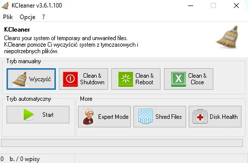 Główne okno programu do oczyszczania dysku twardego - KCleaner Pro