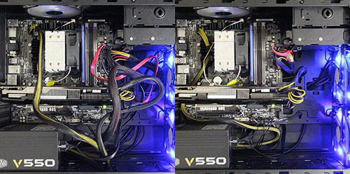 Przed i po. Ułożenie kabli nie tylko pozwala zadbać o estetykę komputera, ale korzystnie wpływa na temperatury wewnątrz obudowy i przepływ powietrza.