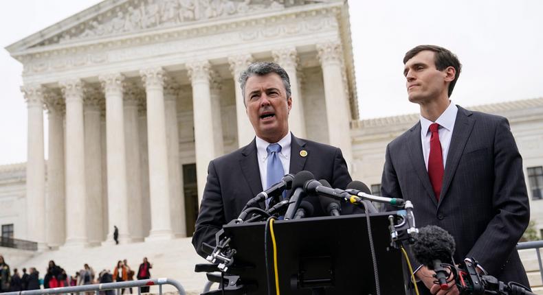 Alabama Attorney General Steve Marshall, left, speaks alongside Alabama Solicitor General Edmund LaCour following oral arguments in Merrill v. Milligan on Oct. 4, 2022.