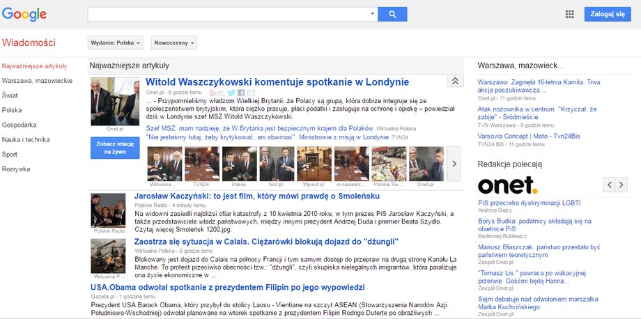 Tak wyglądała strona główna Google News 6 września 2016 roku po godz. 7 rano