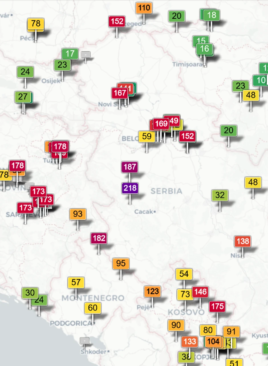 WAQI: Srbija obojena u crveno