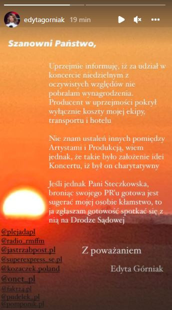 Edyta Górniak wydała oświadczenie w sprawie koncertu "Solidarni z Ukrainą"