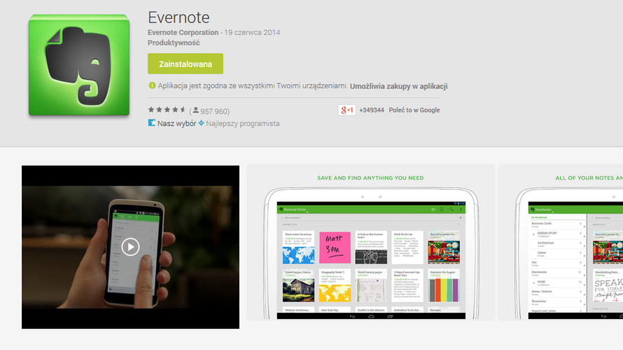 <b>Evernote</b>
Potężny organizer, który pozwala na tworzenie tekstowych i głosowych notatek, przypomnień oraz zapisywanie zdjęć i innych treści znalezionych w sieci. Podobnie jak Dropbox, aplikacja synchronizuje się z kilkoma różnymi urządzeniami - smartfonem, tabletem oraz komputerem.