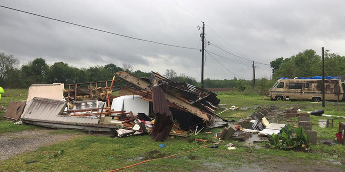 A trailer home in Louisiana where two people were killed after a possible tornado on April 2, 2017.