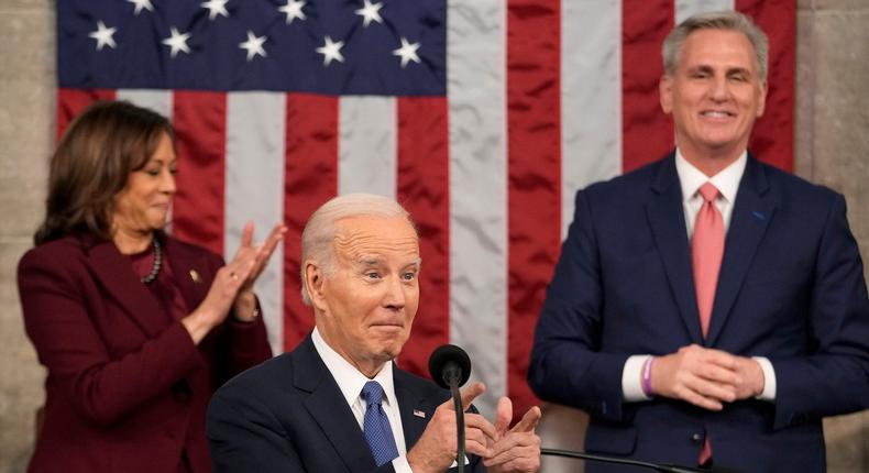President Joe Biden gestures as he delivers the State of the Union address to a joint session of Congress at the U.S. Capitol, Tuesday, Feb. 7, 2023, in Washington, as Vice President Kamala Harris and House Speaker Kevin McCarthy of California, watch.Jacquelyn Martin, Pool/AP