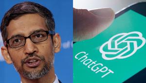 Sundar Pichai, the CEO of Google, told Wired that Google isn't in a rush to catch up to OpenAI's ChatGPT. Anna Moneymaker/Getty Images (R); Thomas Trutschel/Getty Images (L)