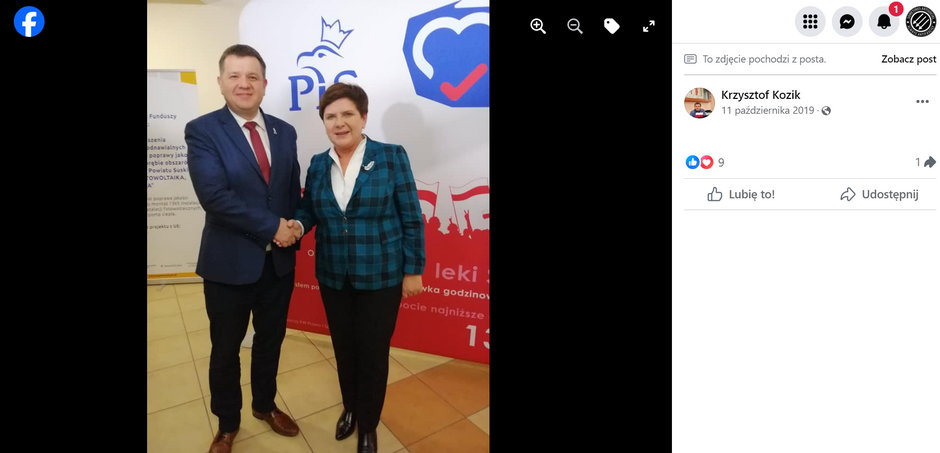Były poseł PiS Krzysztof Kozik z byłą premier Beatą Szydło. Źródło: Facebook.