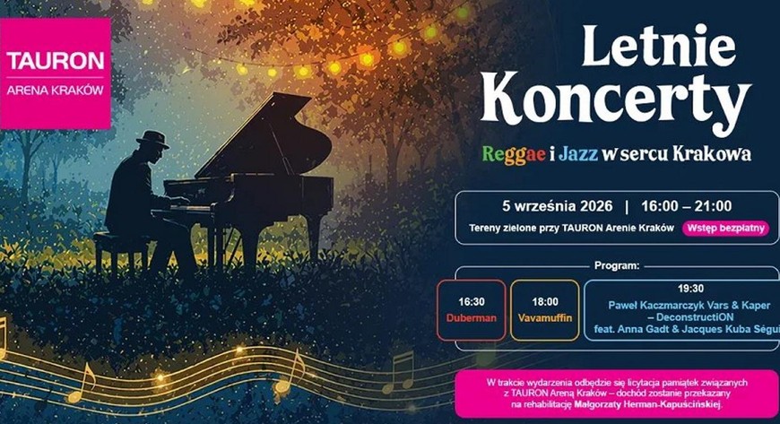 5 września pod Tauron Areną Kraków odbędzie się plenerowy koncert z bezpłatnym wstępem. Na scenie wystąpią Duberman, Vavamuffin oraz pianista jazzowy Paweł Kaczmarczyk