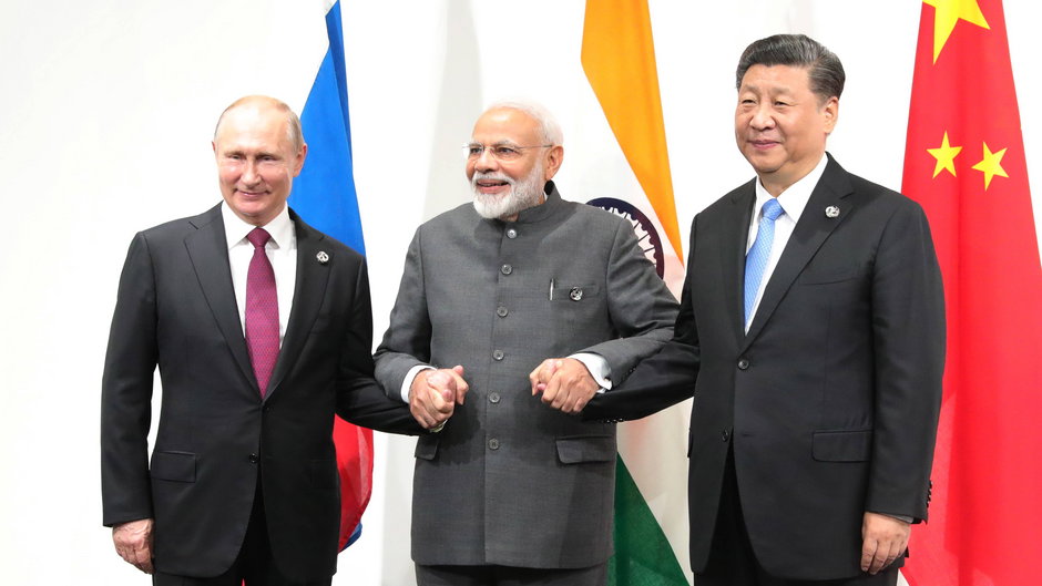 Prezydent Rosji Władimir Putin, premier Indii Narendra Modi i prezydent Chin Xi Jinping na szczycie G20, Osaka, 28.06.2019