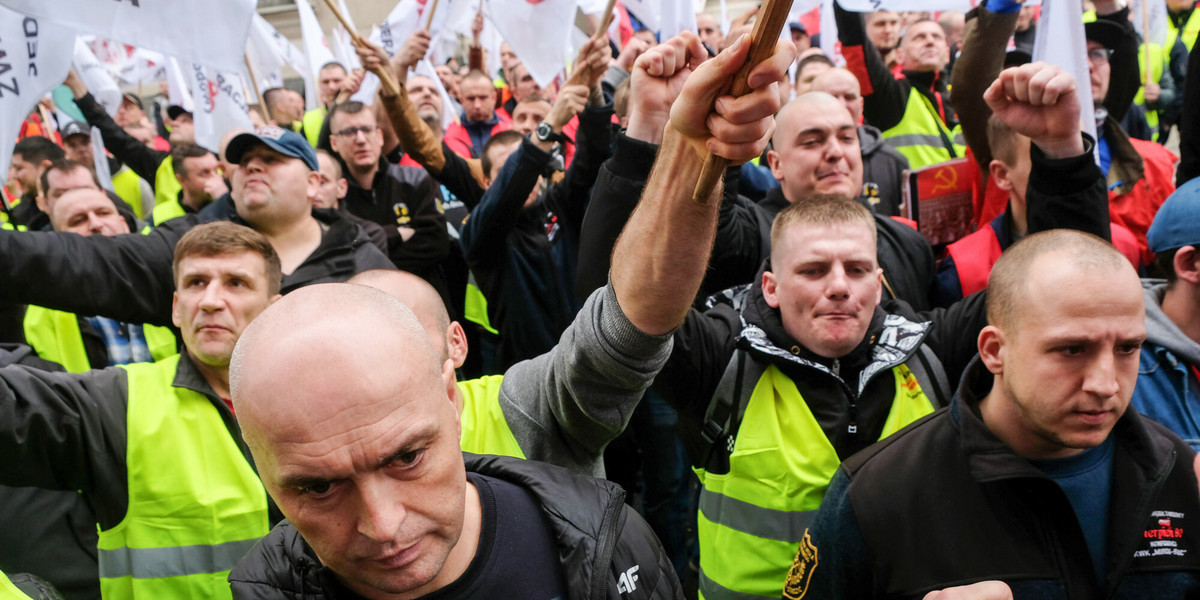 Protest górników w Warszawie.