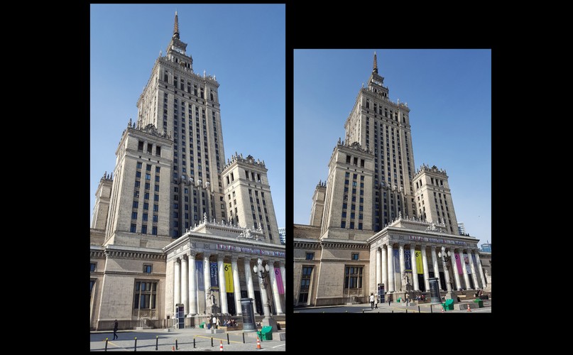 Pałac Kultury - zdjęcie po lewej zrobione aparatem w telefonie Samsung S6, po prawej - S7