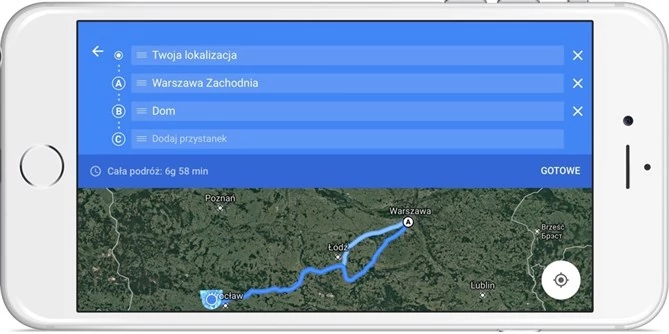 Mapy Google z przystankami na trasie