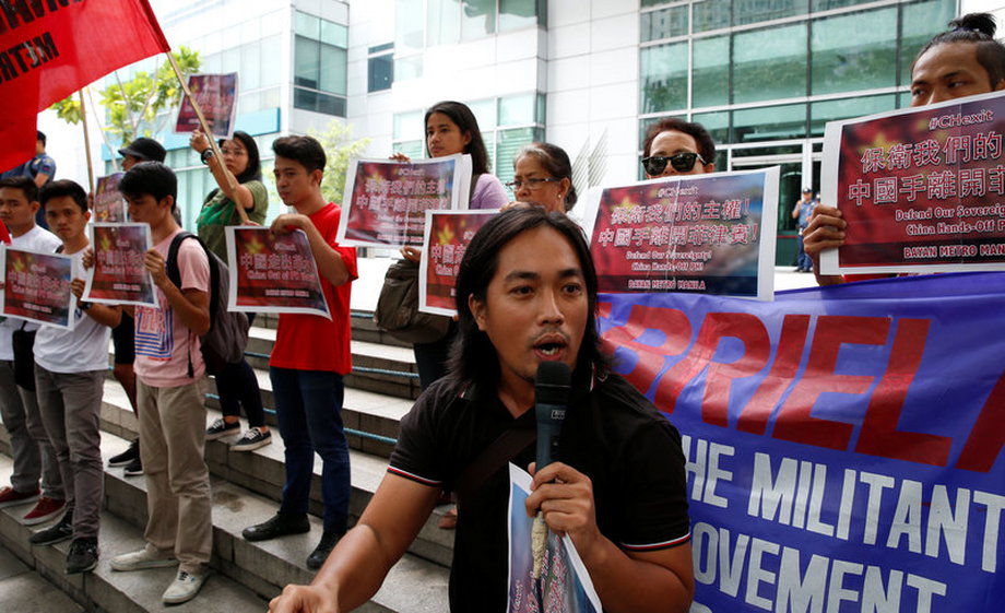A demonstrator speaks at a protest over the South China Sea disputes outside the Chinese Consulate by members of the "Bayan" (Nationalist) activist group in Makati City, Metro Manila.