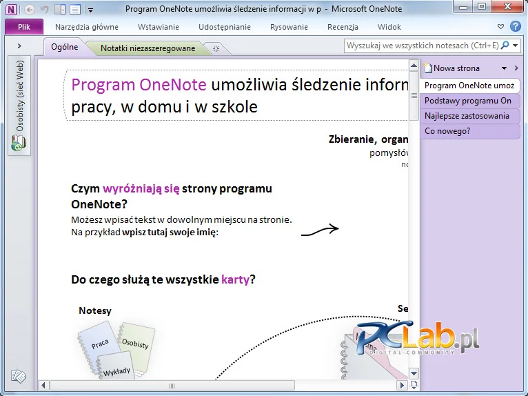 MS OneNote 2010 – okno główne (kliknij, aby powiększyć)