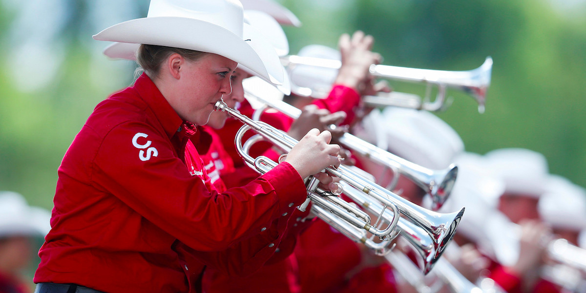 Members of the Calgary Stampede show band perform during the Calgary Stampede rodeo in Calgary, Alberta, Canada, July 10, 2016.