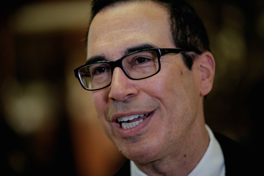 Steven Mnuchin, Trump's choice for Treasury secretary, speaking with members of the news media at Trump Tower in New York.