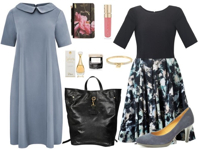 Kreatywne STYLIZACJE do pracy :Sukienka szara – White House/whitehouse.sklep.pl, sukienka wzory – Jelonek/jelonek.pl, torba – antbag by ania/antbags.pl, buty – Caprice/caprice.pl, akcesoria TKMAXX/tkmaxx.pl