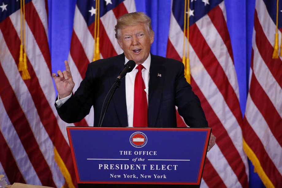 President-elect Donald Trump speaks during a news conference in the lobby of Trump Tower in Manhattan, New York City, U.S., January 11, 2017.