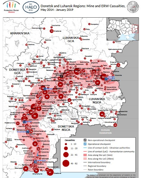 Ofiary od maja 2014 do stycznia 2019 r. na skutek wybuchu min i niewybuchów. Źródło: OCHA/ReliefWeb 