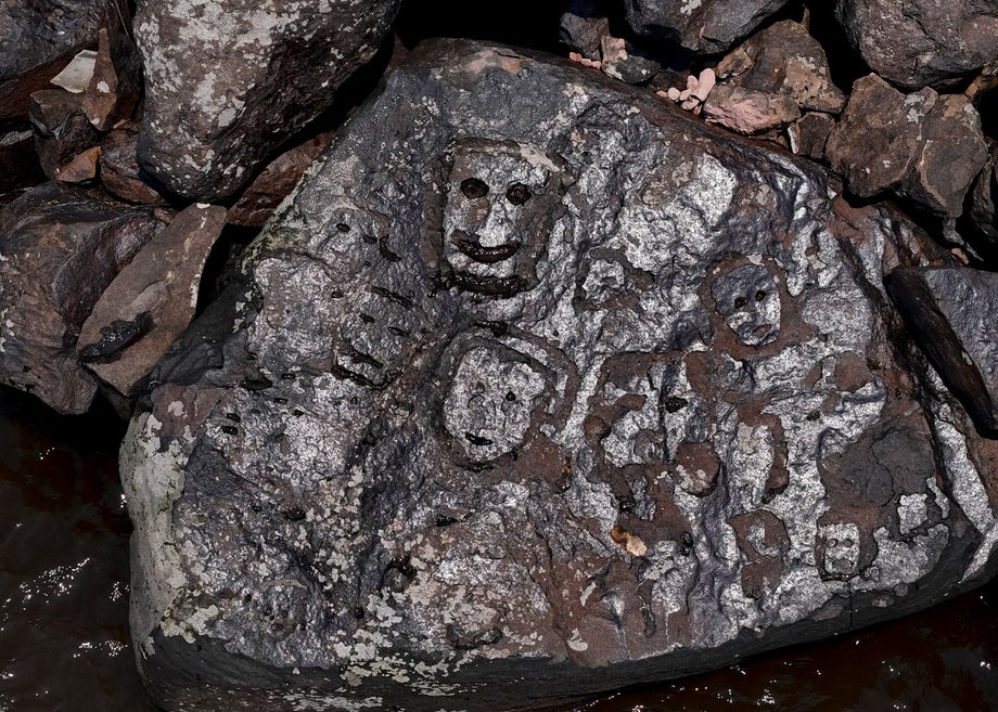 The pH๏τo shows a boulder exposed due to drought in the Amazon at the Lajes archaeological site on October 21, 2023.