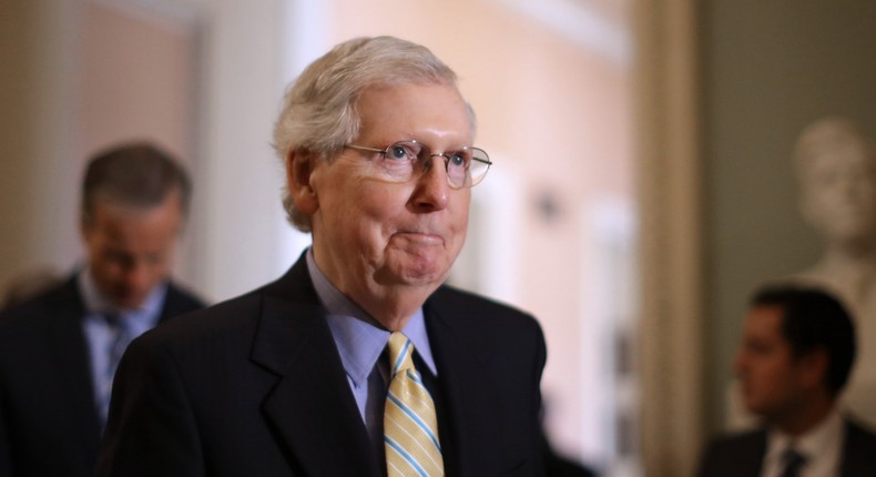 WASHINGTON, DC - JUNE 11: U.S. Senate Majority Leader Mitch McConnell (R-KY) talks to reporters following the weekly Senate policy luncheon at the U.S. Capitol June 11, 2019 in Washington, DC. McConnell said the Senate plans to take up a funding bill to address the humanitarian crisis on the U.S.-Mexico border. (Photo by Chip Somodevilla/Getty Images)