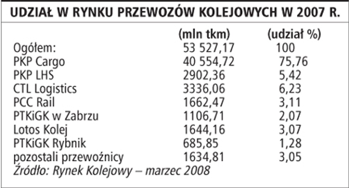 Udział w rynku przewozów kolejowych w 2007 r.