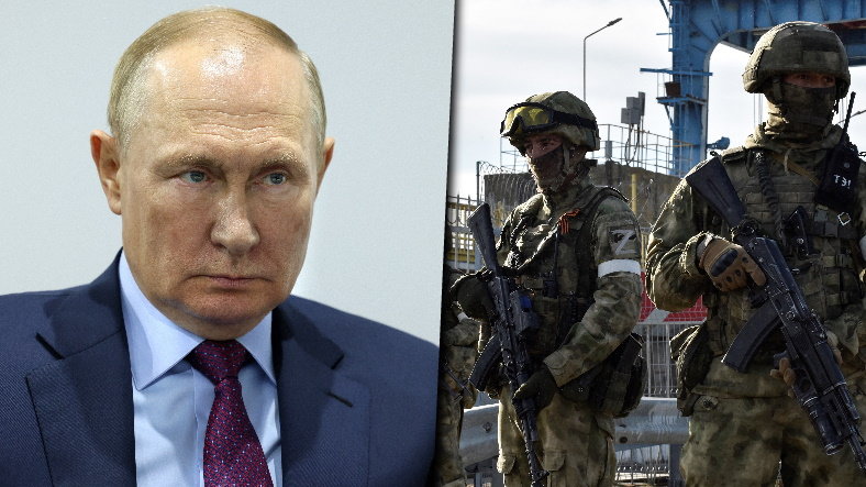 Na zdjęciu: prezydent Rosji Władimir Putin i rosyjscy żołnierze patrolujący tereny elektrowni wodnej w Kochowce