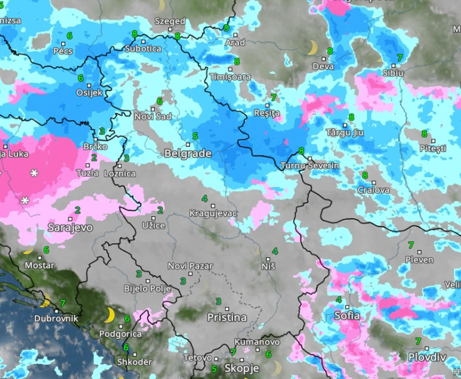 Kretanje padavina u petak u ponoć