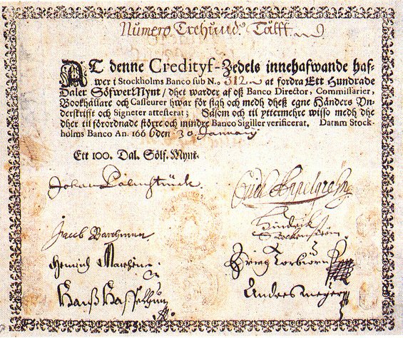 Banknot 100 dalerów wyemitowany przez Stockholms Banco w 1666 r.