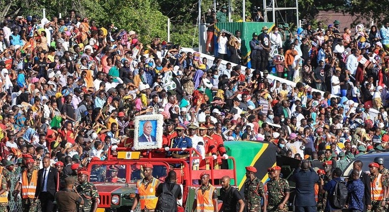 The portrait and coffin of the late Tanzanian President John Magufuli is seen during his national funeral in Dodoma